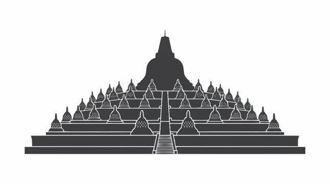Borobudur temple silhouette vector illustration representing ancient Buddhist landmark in Central Java Indonesia.