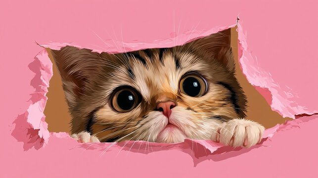 ピンク背景の破れ穴から大きな黒目でこちらを見るスコティッシュ系子猫のデジタルイラスト