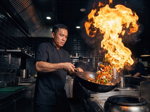 Professional male chef tossing vegetables in blazing flaming wok in dark restaurant kitchen