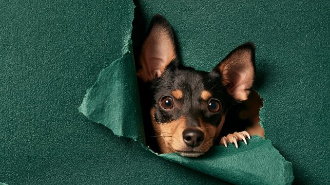 ティールグリーンの壁の破れ目から大きな耳と爪を見せて覗く黒タンのチワワ系子犬写真