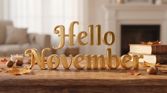 Hello November gold 3d letters on a wooden table with interior