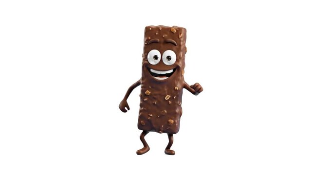 A cheerful 3D cartoon chocolate bar character with nuts, a smiling face, and limbs dancing on a clean white background. Great for confectionery branding, snack ads, and fun food animations.