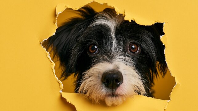 鮮黄色の壁の大きな破れ穴から鼻を近づけ見つめる黒白のフサフサ犬の迫力クローズアップ