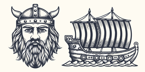Viking warrior head and longship illustration in detailed line art style © Etika