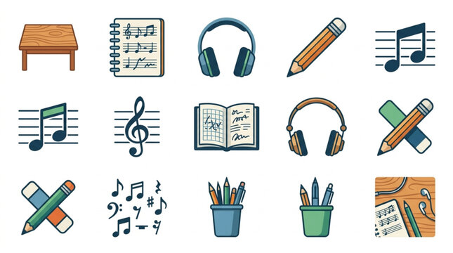 Colorful flat icons of music and school supplies.
