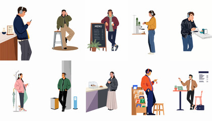 Fototapeta premium A collection of flat character illustrations featuring diverse young adults wearing headphones while waiting, working, or relaxing in modern coffee shops and city spots.