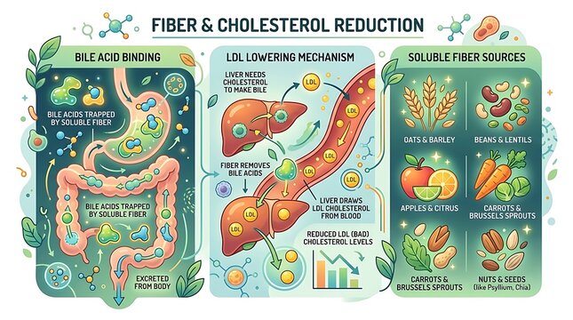 Medical infographic explaining fiber and cholesterol reduction