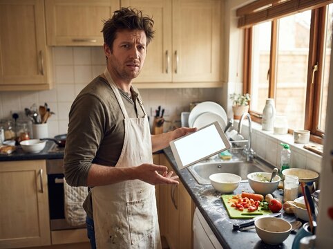 Confused man looking at blank tablet screen trying to follow recipe in messy home kitchen
