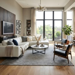 Fototapeta premium Modern Luxury Living Room Interior with White Furniture Large Windows Stylish Sofa Contemporary Home Design and Elegant Apartment Decor