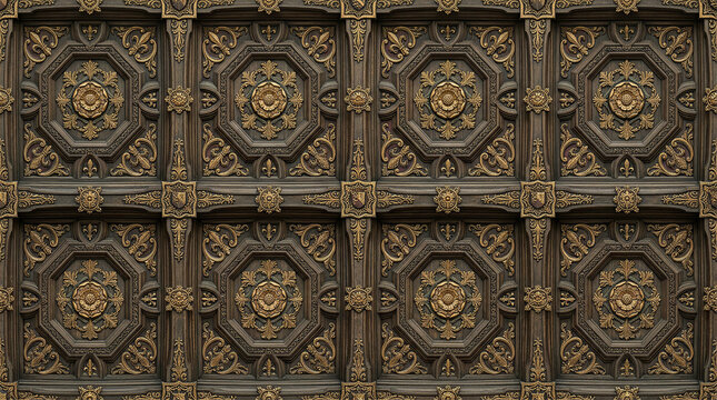 Intricate dark wood coffered ceiling with gold floral medallions and fleur de lis.
