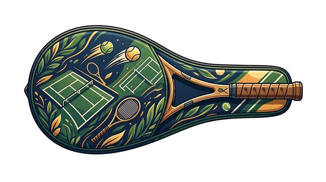 Stylized tennis racket bag with court and ball graphics on white