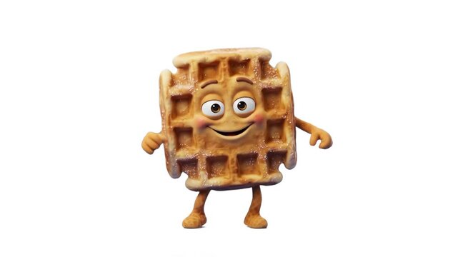 A friendly 3D cartoon Belgian waffle mascot character with rosy cheeks and a happy smile, standing isolated on a clean white background. Great for bakery ads, breakfast menu designs, cafe promotions, 