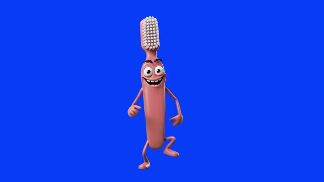 A friendly 3D cartoon pink toothbrush character dancing happily isolated on a solid blue screen background. Perfect for dental hygiene promos, kids oral care videos, toothpaste commercials, and pediat