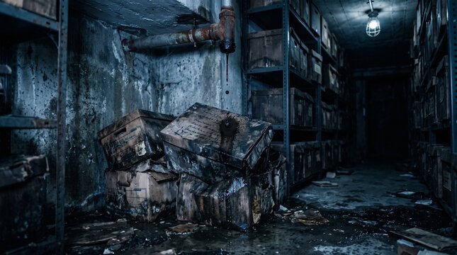 Cinematic photo of water dripping onto soggy cardboard boxes in a dark basement archive