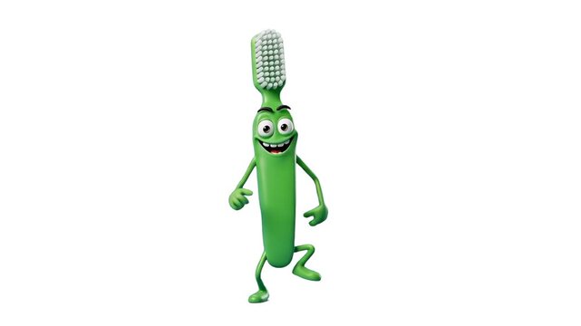 A friendly 3D animated green toothbrush mascot dancing joyfully against a clean white background. Suitable for dental care commercials, educational health content, and toothpaste advertisements.