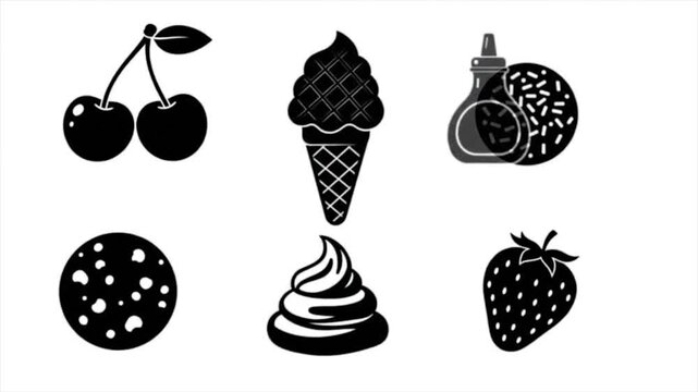 Flat icons of cherries ice cream and syrup bottle