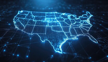 Fototapeta premium USA map, digital network, glowing lines