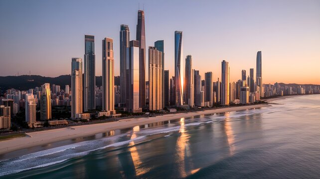 Aerial view of a modern city skyline at sunrise with reflections on the ocean