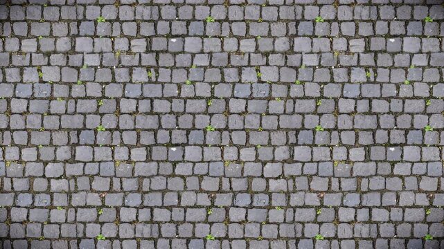 Grey Cobblestone Pavement Texture with Weeds, Seamless Loop Background
