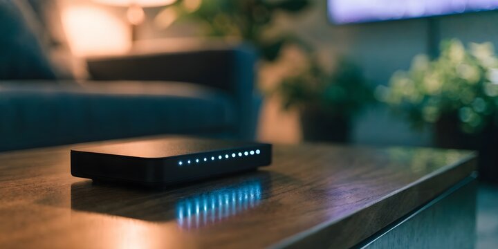 Black router with illuminated blue lights on a wooden table
