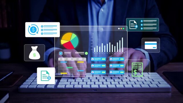 AI payroll system interface showing employee salary data, budgeting graphs, and monthly calendar used on laptop for digital finance management and automated compensation planning in business setup, 4k