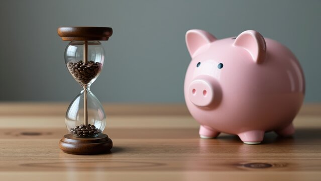 Pink Piggy Bank and Hourglass on Wooden Surface