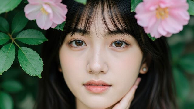 Young woman surrounded by pink primrose flowers