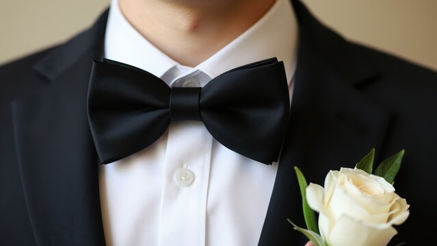 Close-up of a person in formal tuxedo with bow tie and white rose boutonniere