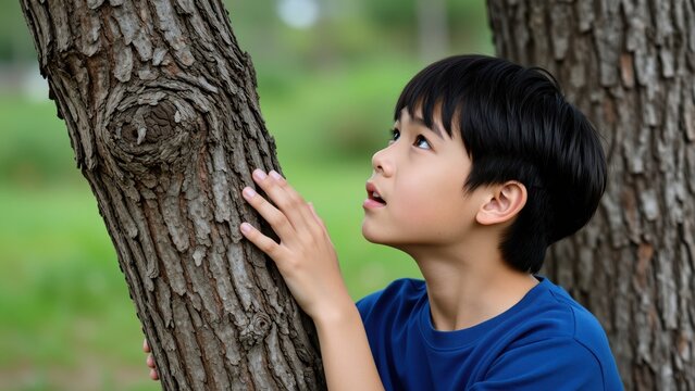 Young Boy Hugging Tree in Nature