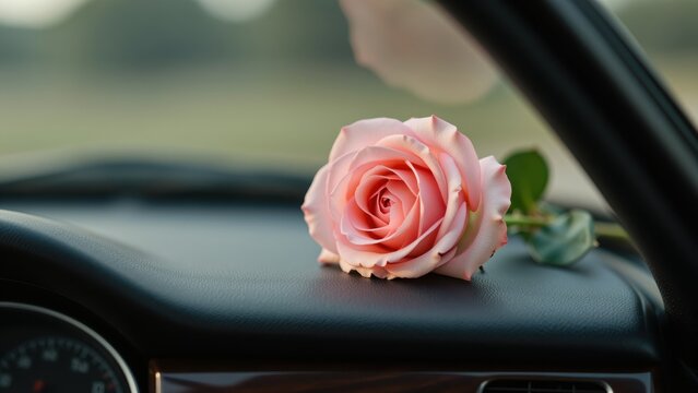 Pink Rose Resting on Car Dashboard