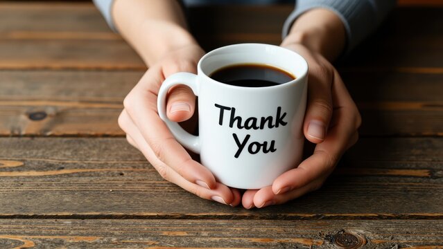 Person Holding a White Coffee Mug with 'Thank You' Text