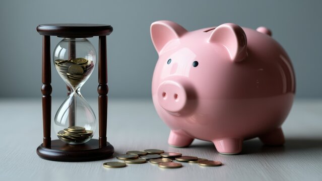 Pink Piggy Bank and Coin Timer on Desk
