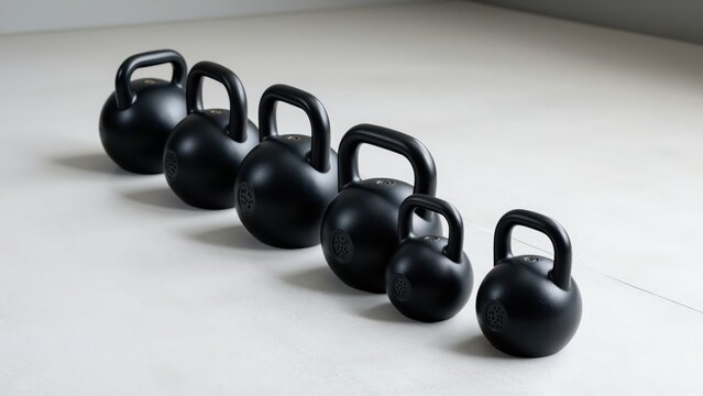 Set of black kettlebells arranged on a light surface