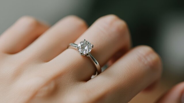 Close-up of a hand with an engagement ring on the finger