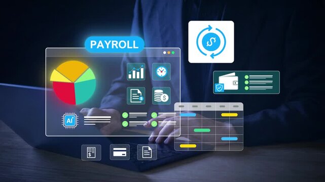 Businessman using digital payroll management on laptop with AI tool, visual data analytics, budget charts, data analytics and calendar planning for efficient salary calculation and financial reporting
