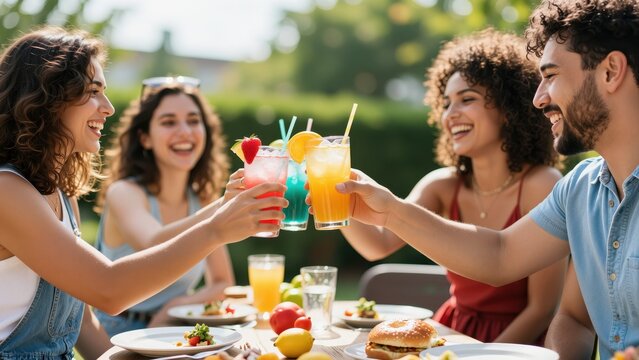 Group of friends enjoying colorful cocktails outdoors