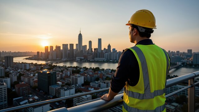 Construction Worker Overlooking City Skyline at Sunset