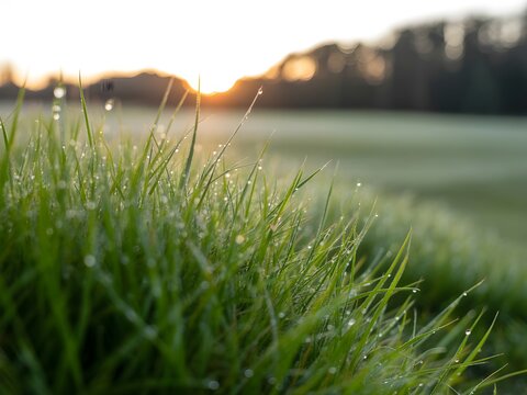Dewdrops on green grass blades at sunrise water droplets