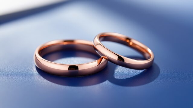 Two Gold Wedding Rings on a Blue Surface