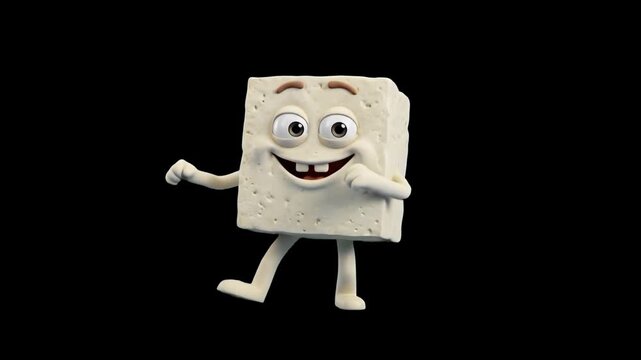 A funny 3D animated tofu cube character performing a dance routine isolated on a dark black background. Ideal for plant-based food marketing, funny culinary videos, and restaurant promos.
