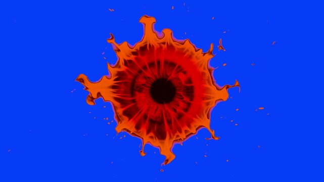 A dark monster eyeball surrounded by a burning fiery red lava splash aura isolated on a solid bright blue chroma key background. Great for fantasy film visual effects, halloween motion graphics, gamin
