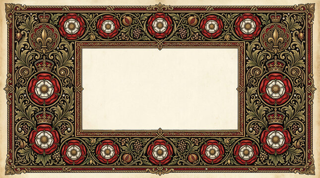 ornate vintage royal tudor rose frame design for text or certificate with heraldic elements.