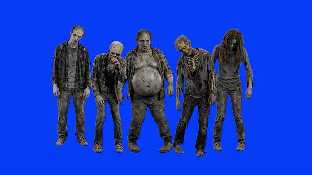 A group of creepy 3D model zombies standing still in terrifying poses against a bright blue chroma key background. Perfect for horror movies, Halloween promos, tactical game trailers, and VFX composit