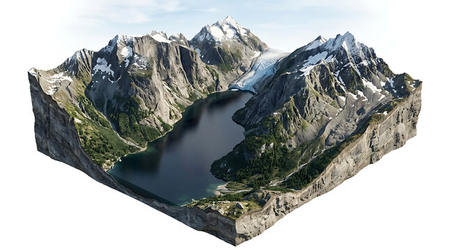 Isolated 3D mountain landscape model with a serene alpine lake on white