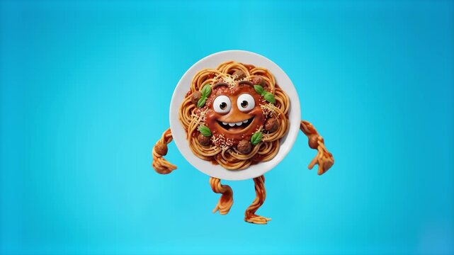 A happy 3D cartoon plate of spaghetti Bolognese with meatballs and eyes, standing cheerfully on a bright cyan studio backdrop. Perfect for Italian restaurant ads, pasta product packaging, food deliver