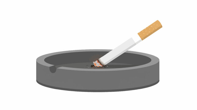 A grey ceramic ashtray with a single lit cigarette resting on its edge against a white background.