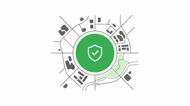 A graphic illustration of a city map with a green shield symbol in the center, representing urban security and safe zones.