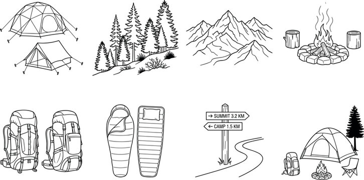 Camping and Outdoor Adventure Line Art Vector Set Featuring Tents, Mountains, Campfire, and Backpacks