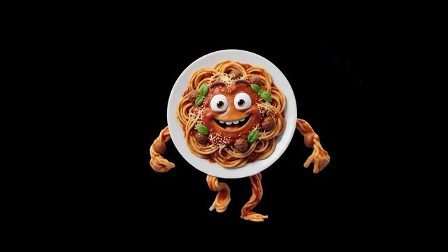 A playful 3D animated plate of spaghetti pasta with meatballs and a smiling face dances against a black background. Suitable for Italian restaurant marketing, food commercials, and kid-friendly culina
