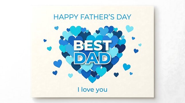 Happy Father's Day greeting card, Best Dad blue heart illustration, I love you message on white paper background, fatherhood celebration card